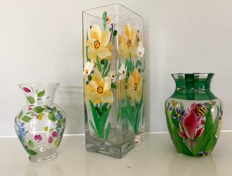 Three Hand Painted Floral Vases