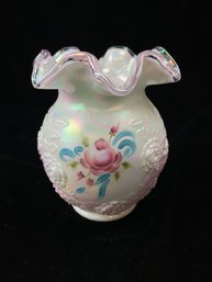 Fenton Art Glass White Victorian Language Flowers Hand Painted Rose Vase