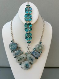 Solar Quartz And Aquamarine Glass Necklace And Aquamarine Glass Bracelet Jewelry Set