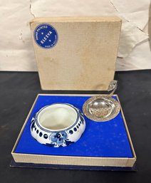 Vintage Hand Painted Elesva Delft Blauw White & Blue Color Small Bowl & Tea Strainer Made In Holland. MK/A4