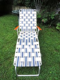 Blue And White Webbing Strap Lounge Chair With Wood Handles