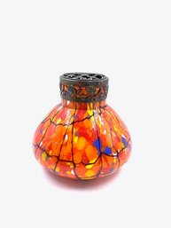 Amazing Orange Spotted End Of Days Pouch-like Art Glass Vase W/ Brass Topper