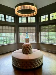 Tufted Round Banquette With Silver Ball Buttons Piping  And 4 Small Matching Pillows