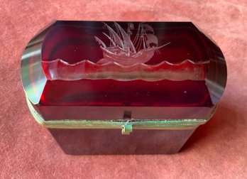 Sailing Ship Ruby Glass Casket Box Possibly Italian