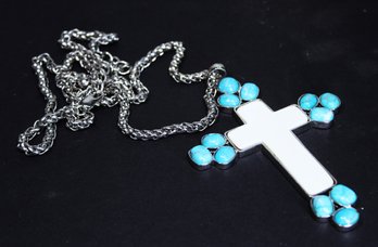 Silver Tone Large Signed Designer Cross Pendant Having Turquoise Stones, Chain 32'