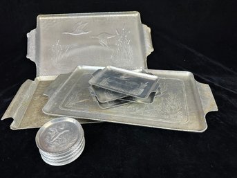 Vintage Aluminum Hammered Geese & Cattails Coasters And Trays