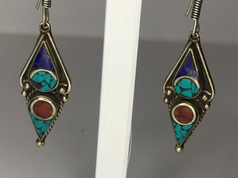 Very Nice Sterling Silver / 925 Handmade In Bali Earrings - Lapis Lazuli - Turquoise And Coral - Very Nice !