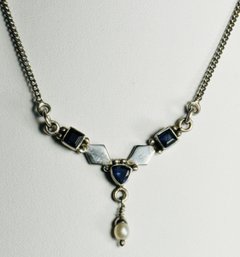 VINTAGE STERLING SILVER TANZANITE AND PEARL NECKLACE