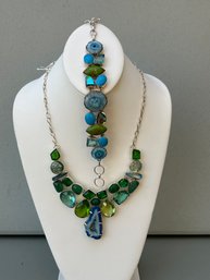 Blue Druzy Agate And Peridot, Aquamarine, Helinite Glass Sterling Necklace And Bracelet Costume Jewelry Set