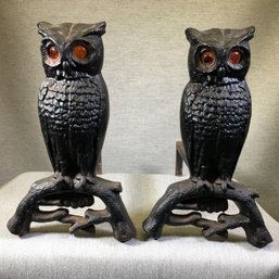 Fantastic Antique Cast Iron Owl Andirons With Glowing Marble Eyes - These Are AMAZING ! - No Issues / Damage