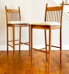 A Pair Of Stylish Solid Hard Wood Spindle Back Bar Stools By Shermag Of Canada