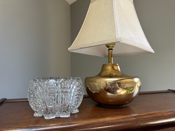 Brass Lamp And Cut Glass Bowl