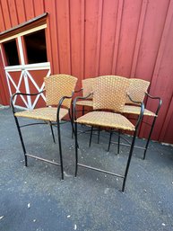 Crate & Barrel Rattan And Wrought Iron Chairs Bar Stools Set Of 5