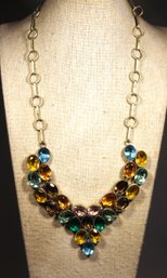 Sterling Silver Bib Necklace Having Colorful Gemstones 925