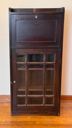 Gorgeous Vintage Wooden Secretary Desk With Paned Glass Door, Glass Knobs And Three Shelves Inside Cabinet