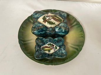 Vintage Bonn Franzant Mehlem Fish Plate, Rare Peacock Emerald&gold Ceramic Jewelry Box Japan&small Plate EH-D3