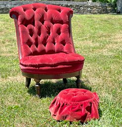 An Antique Parlor Chair And Ottoman In Tufted Velvet