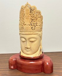 A Large Antique Carved Bone Buddha Head On Stand