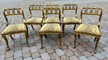 Set Of Six Neoclassical Style Carved Wood Gilt Chairs With Paw Feet And Tiger Print Upholstered Seat Cushions