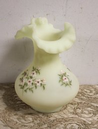 Vintage Fenton Hand-painted Custard Glass Ruffle Top Vase