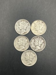 5 Mercury Dimes 1941-S, 1942-D, 1942-S, 1943, 1943-D