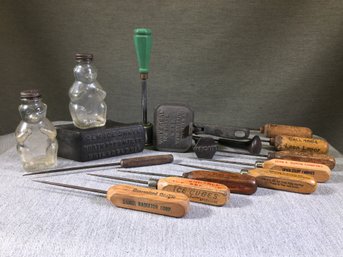 Great Collection Of Antique Ice Picks & Shavers Including Rare Arcade Ice Pick & Bottles For Ice Flavoring