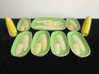 Vintage Majolica Corn On The Cob Plates With Salt And Pepper Shakers