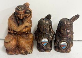 Pair Of Copper Native American Salt & Pepper Shakers W/ Native American Figurine