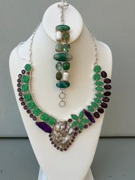 Biwa Pearl, Green Druzy And Purple Agate Sterling Necklace And Green Agate, Green Quartz Bracelet Jewelry Set