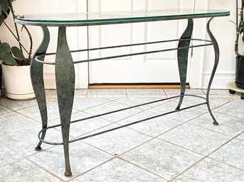 A Whimsical Art Metal Console With Glass Top