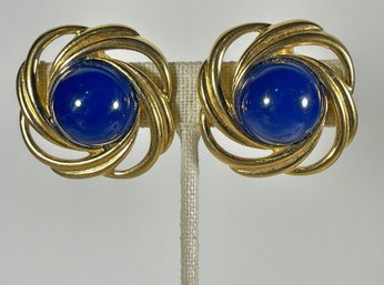 Large Gold Tone Signed 1980s TRIFARI Clip Earrings Blue Stones