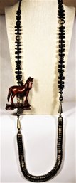 Super Elongated Silver Plated And Wood Beaded Necklace Large Chinese Horse Carving Glass Eyes