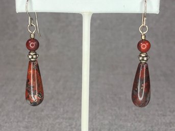 Fantastic 925 / Sterling Silver And Poppy Jasper Drop Earrings - Highly Polished - Very Pretty Earrings