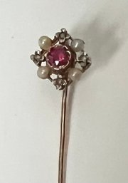 ANTIQUE 18K GOLD RUBY DIAMOND STICK PIN