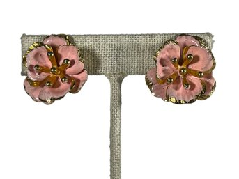 Signed CORO Gold Tone Pink  Enamel Earrings Ear Clips