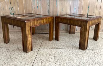 Pair Of Mid Century Fruitwood And Sectional Glass Topped Side Tables