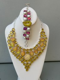 Citrine Quartz Statement Sterling Necklace And Yellow Agate, Ruby Glass Silver Bracelet Jewelry Set