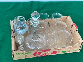 Box Lot Of Clear Glass Including A Decanter