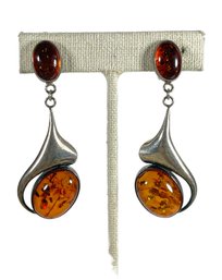 Very Fine Sterling Silver Genuine Amber Clip Earrings Ear Pendants