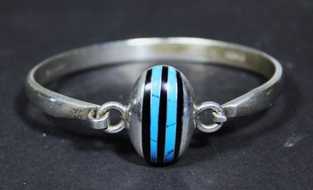 Fine Sterling Silver Bracelet Having Turquoise & Black Onyx Inlay Mexican