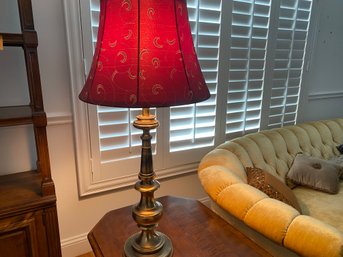 Brass Lamp With Red Fabric Shade