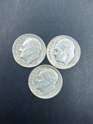 3 Roosevelt Silver Dimes 1952, 1952-D, 1952-S