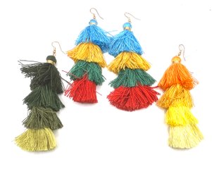 Lot Of 4 Vintage Yarn Fringed Multi Color Earrings