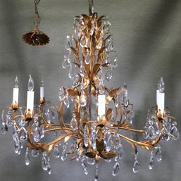 ($850 Price Tag) Fantastic Very Large Gold Gilt Italian Tole Crystal Chandelier With Canopy - Very Nice !