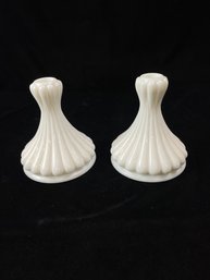 VINTAGE LARGE MILK GLASS RIBBED CANDLESTICK HOLDERS