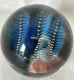 Stunning Signed Vintage Art Glass Paperweight- Bands Of Controlled Bubbles Over Cobalt Ground
