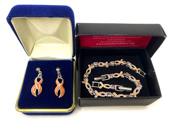 Breast Cancer Ribbon Bracelet & Earrings (Costume Jewelry)