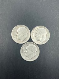 3 Roosevelt Silver Dimes 1950, 1950-D, 1950-S