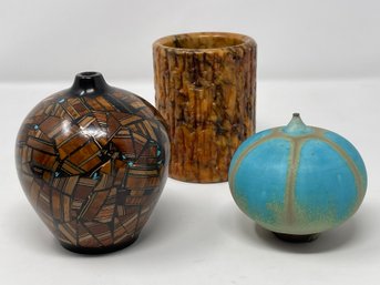 Rose Cabat, (American, 1914-2015), Feelie Studio Pottery Vase, Geometric Wooden Vase And A Marble Vase