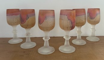 Six Hand Blown Nouveau Art Aperitif Glasses With Frosted Stems